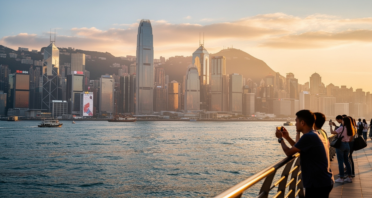 Victoria Harbour skyline seen from Tsim Sha Tsui waterfront at golden hour with skyscrapers reflecting in the harbour, representing Hong Kong and the +852 international dialing code