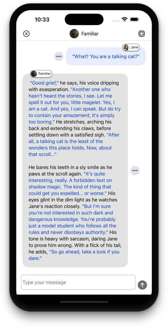 Chat interface showing an ongoing conversation between the user's persona and an AI character with message bubbles