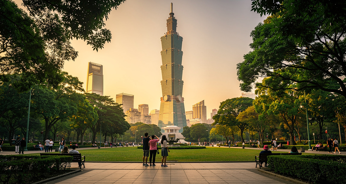 Taipei 101 skyscraper towering above the city at golden hour with parkland in the foreground, representing Taiwan and the +886 international dialing code