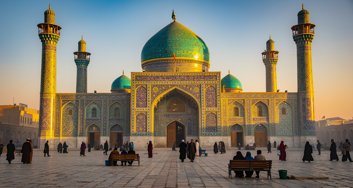 Blue Mosque Shrine of Hazrat Ali in Mazar-i-Sharif at golden hour with brilliant turquoise and cobalt blue tiled domes and minarets, white pigeons in the courtyard, representing Afghanistan and the +93 international dialing code