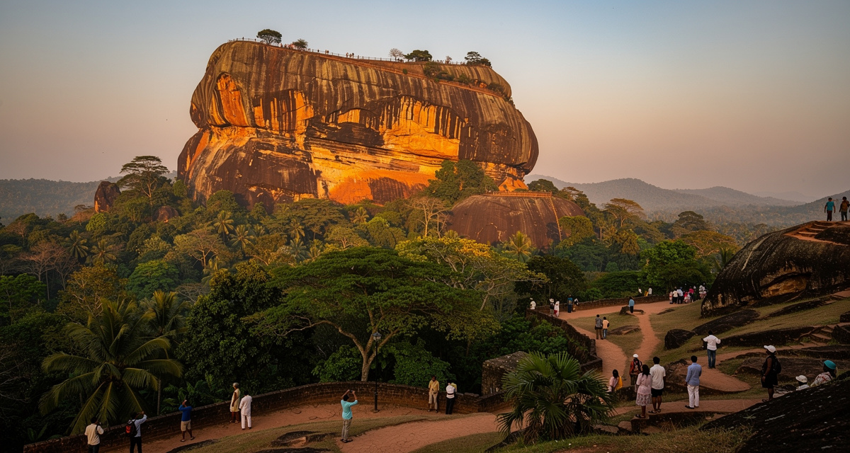 Sigiriya Lion Rock fortress rising from lush jungle canopy in central Sri Lanka at golden hour, with ancient staircases carved into warm orange rock, representing Sri Lanka and the +94 international dialing code