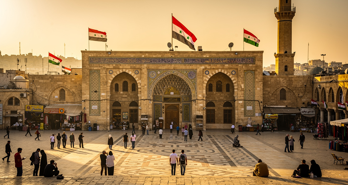 Umayyad Mosque in Damascus representing the +963 international dialing code for Syria