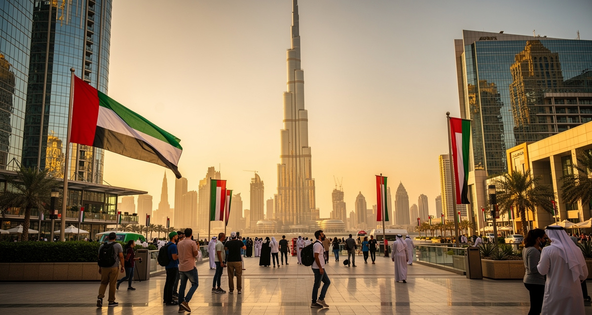 Burj Khalifa und Dubai‑Skyline, die internationale Anrufe in die VAE mit der Ländervorwahl +971 darstellt