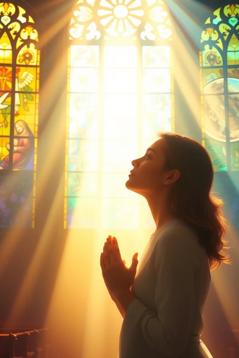 Arise App - Woman praying in church with stained glass windows