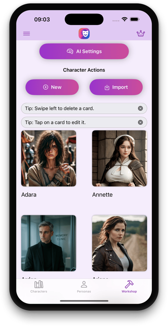 Character workshop screen displaying options to create or import AI characters with customizable traits