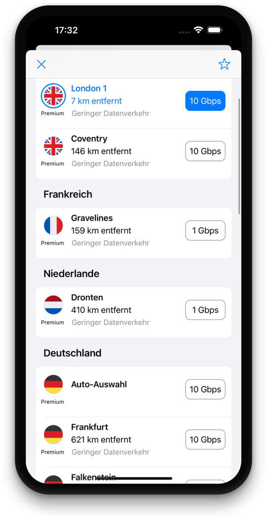 Tegant VPN Serverauswahl-Bildschirm