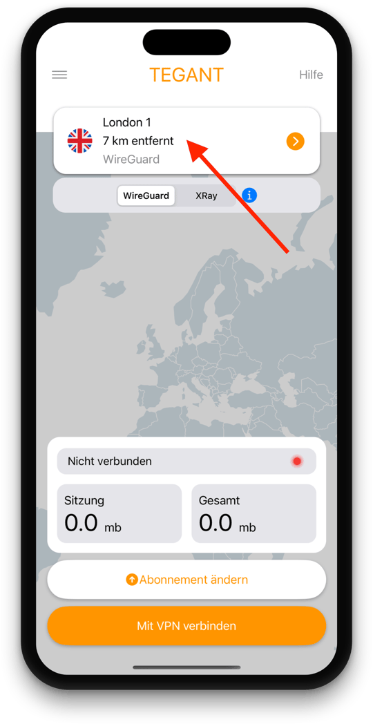 Tegant VPN Hauptbildschirm zeigt Serverauswahl
