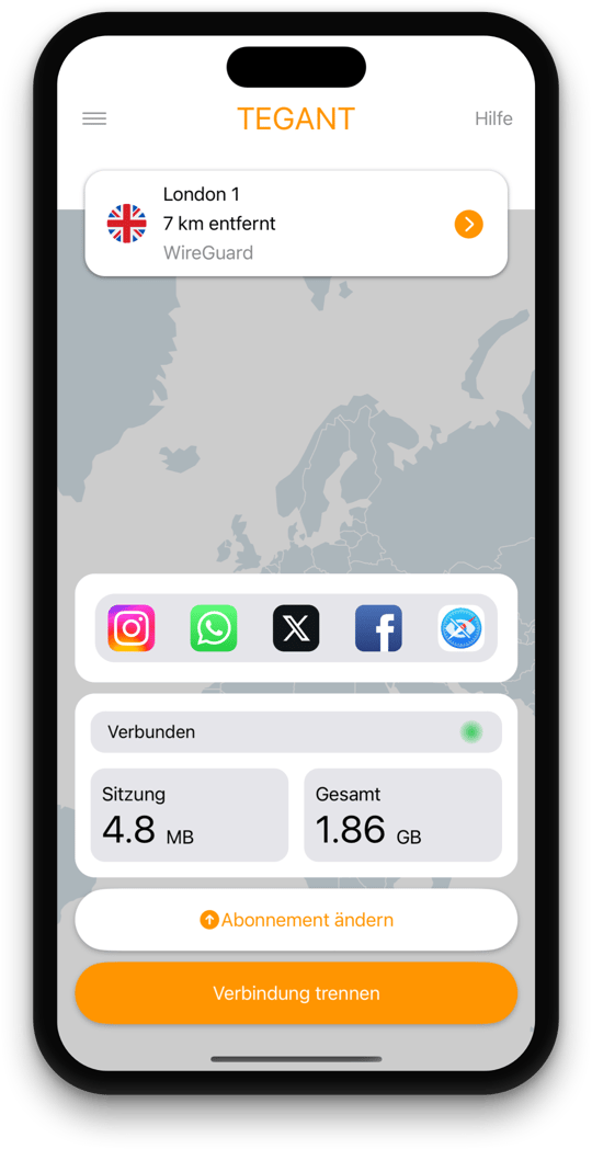 Tegant VPN Hauptbildschirm