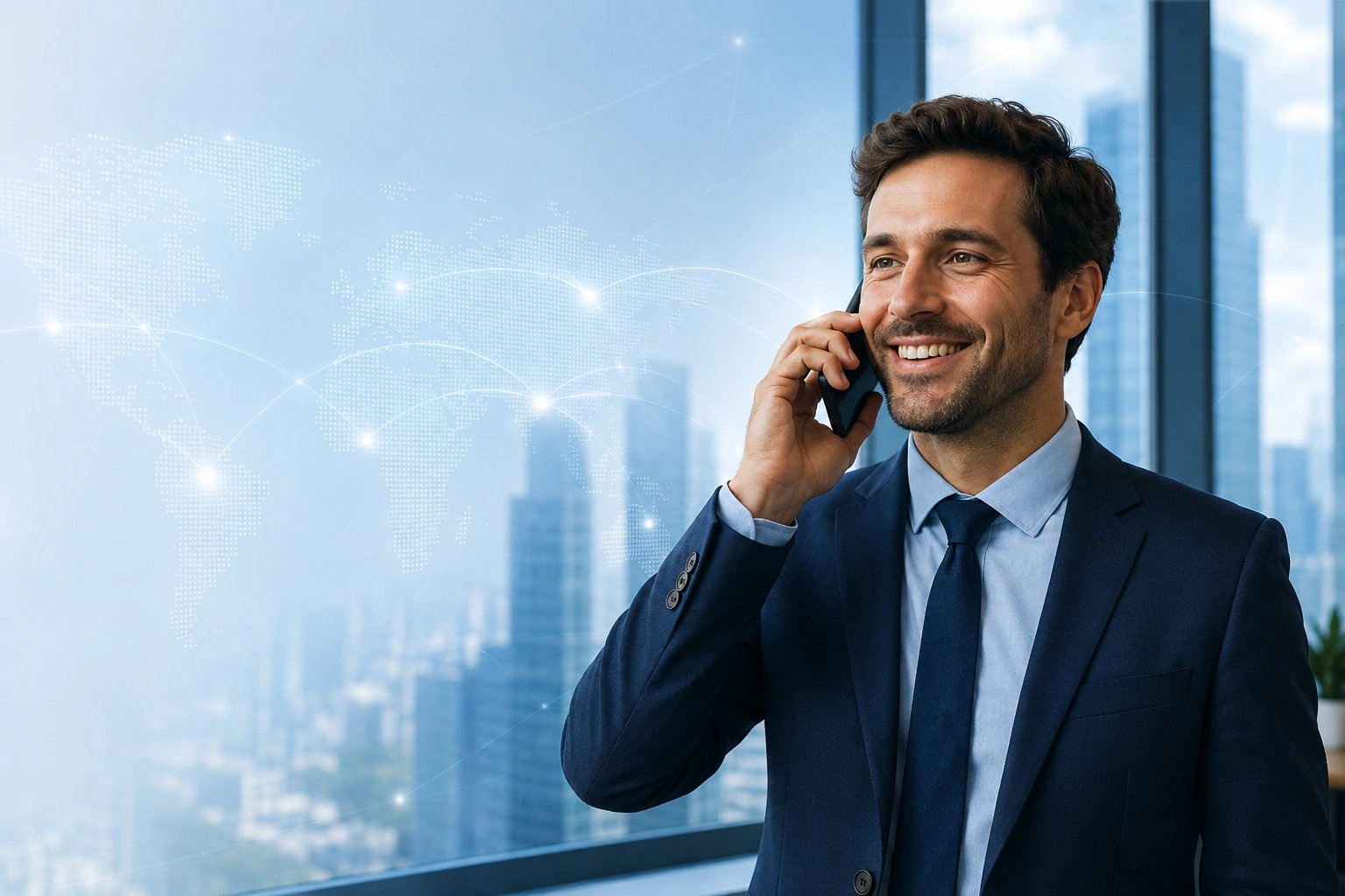 Professional using CallSky web app for international business calls on laptop