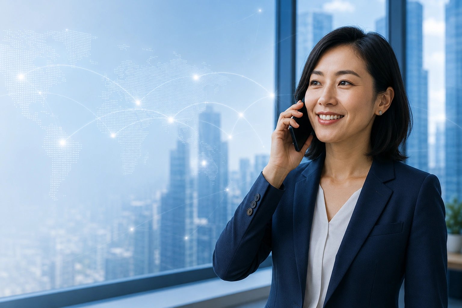 商务人士使用 CallSky 网页应用在笔记本上拨打国际电话