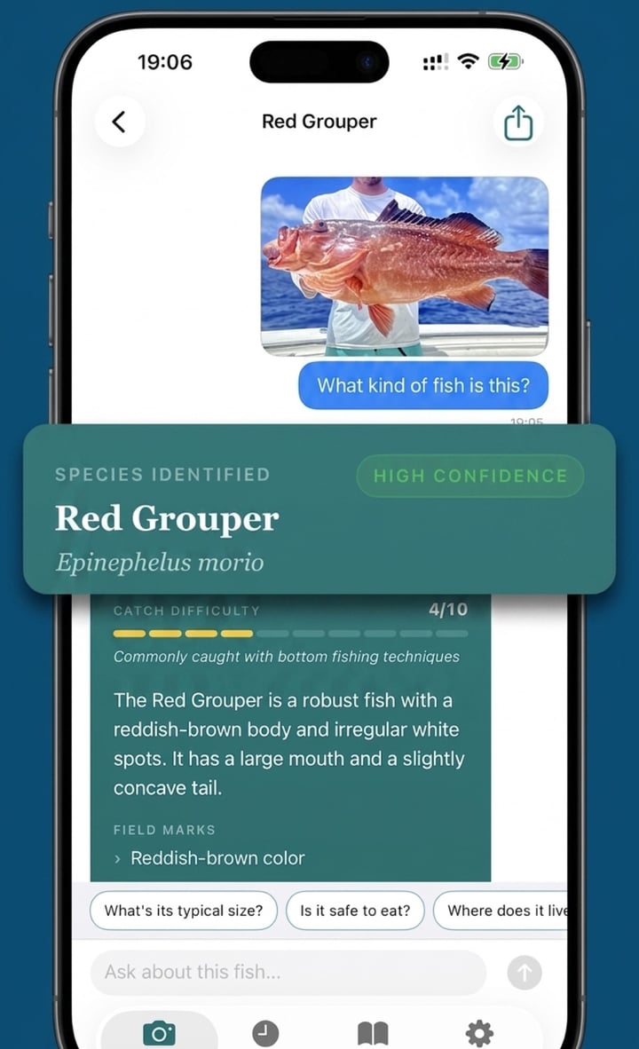 CatchScan identifying a red grouper from a photo, showing a high confidence rating, catch difficulty gauge and field marks