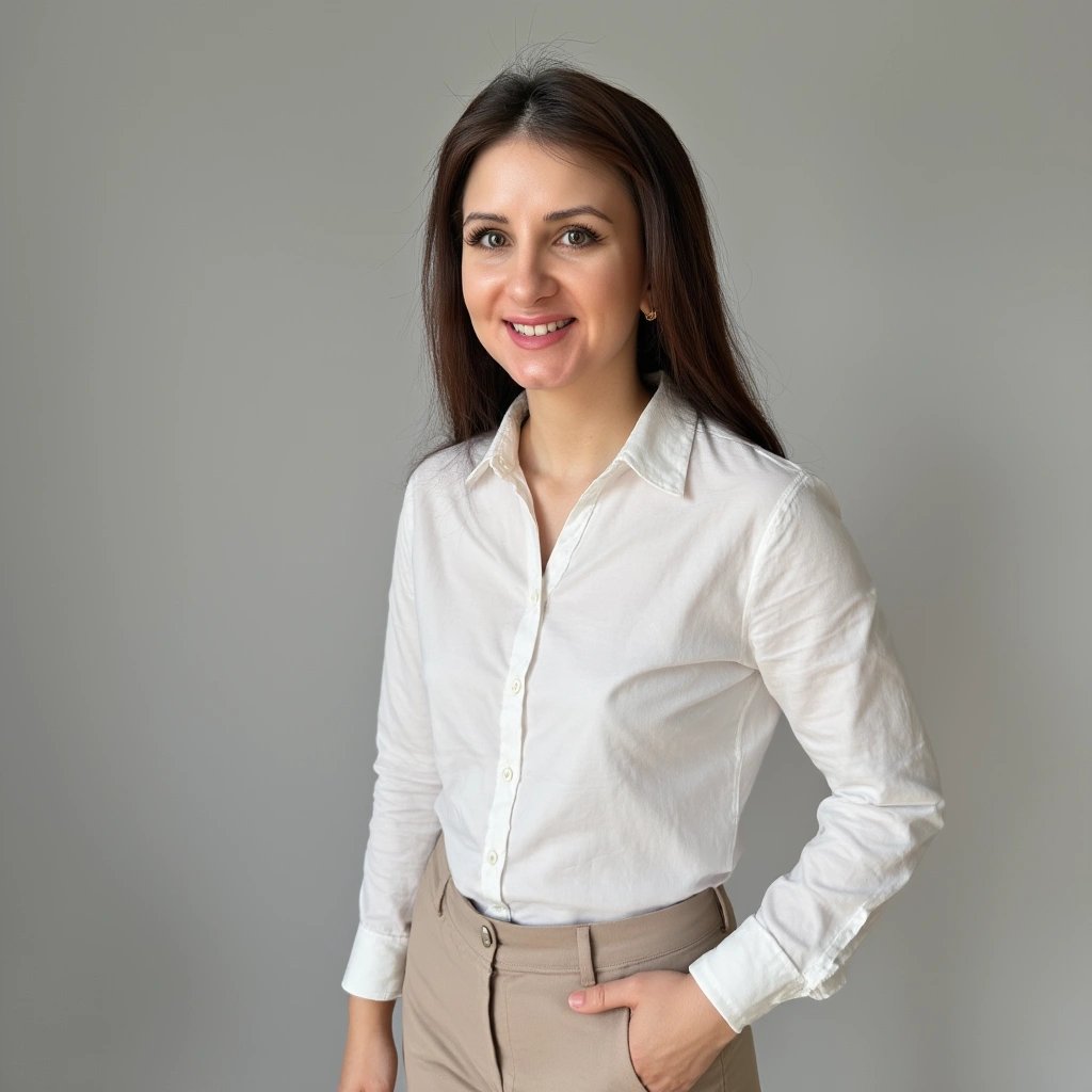 Professional business headshot - business woman wearing a quality shirt against a subtle, neutral background