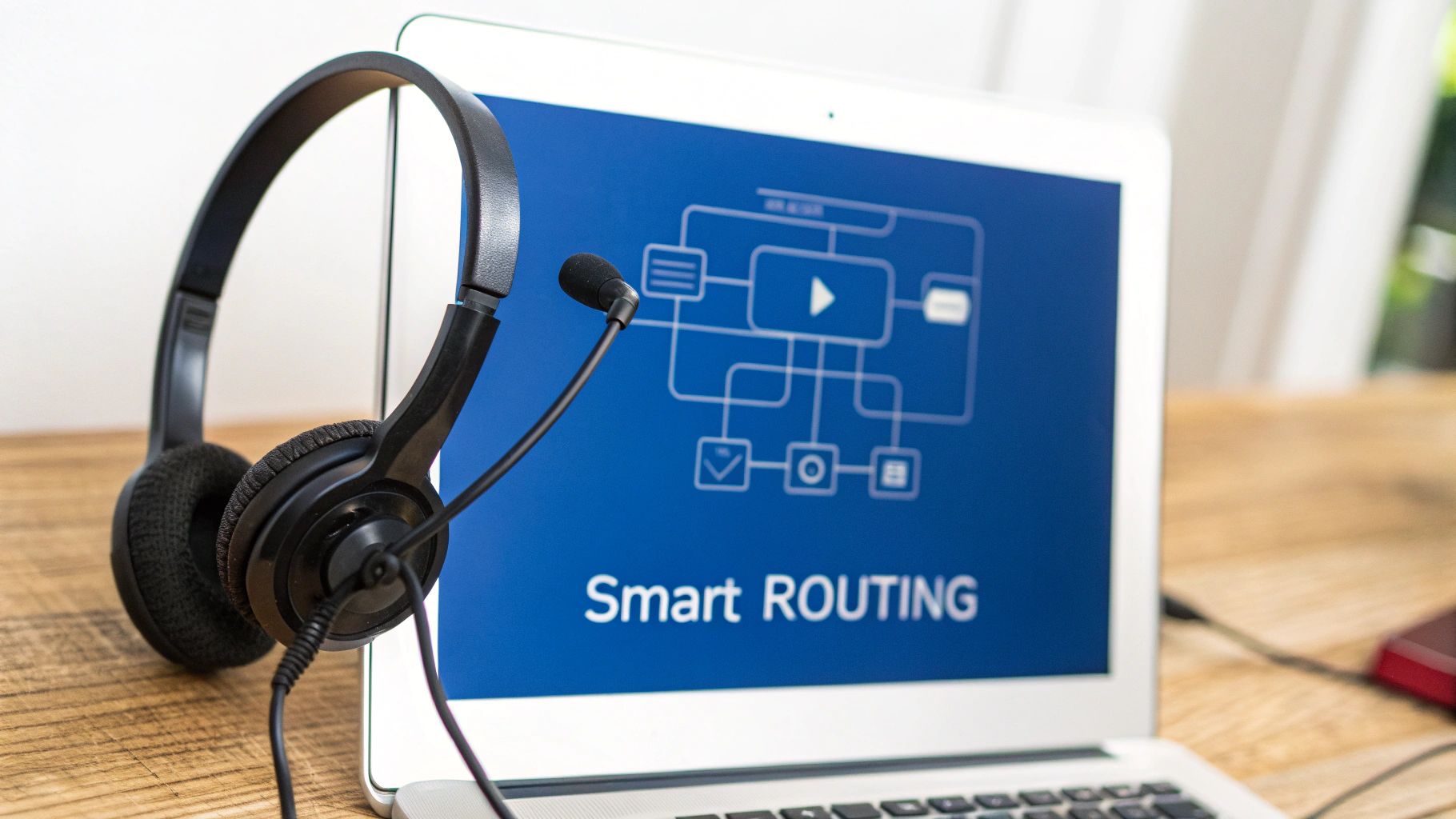 Schwarzes Callcenter-Headset mit Mikrofon vor einem Laptop, auf dem 'Smart ROUTING' angezeigt wird.