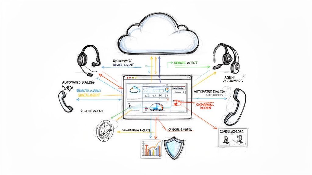 Schéma d'un système de centre d'appels cloud montrant des agents à distance, des clients, la numérotation automatique, l'analyse des données et des fonctions de sécurité.