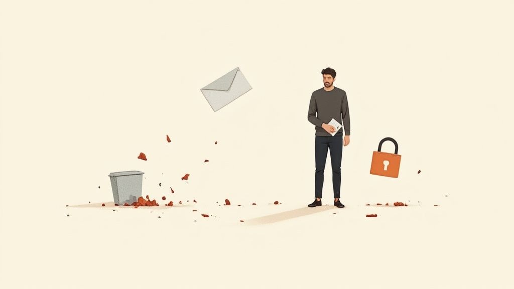 Man holding smartphone with email envelope, padlock icon, and trash bin representing online privacy protection