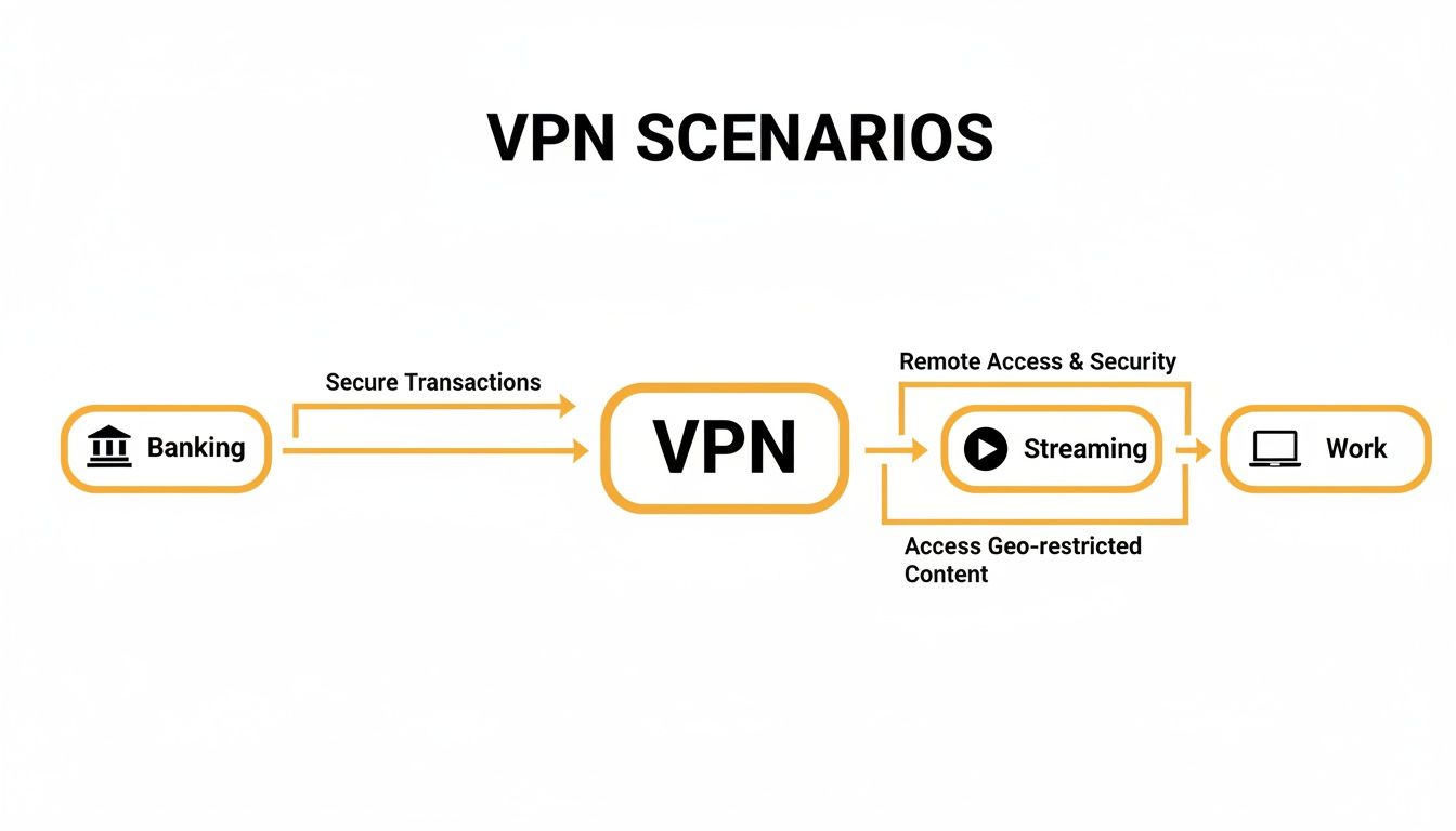 Diagram illustrating VPN use cases for secure banking, streaming geo-restricted content, and remote work.