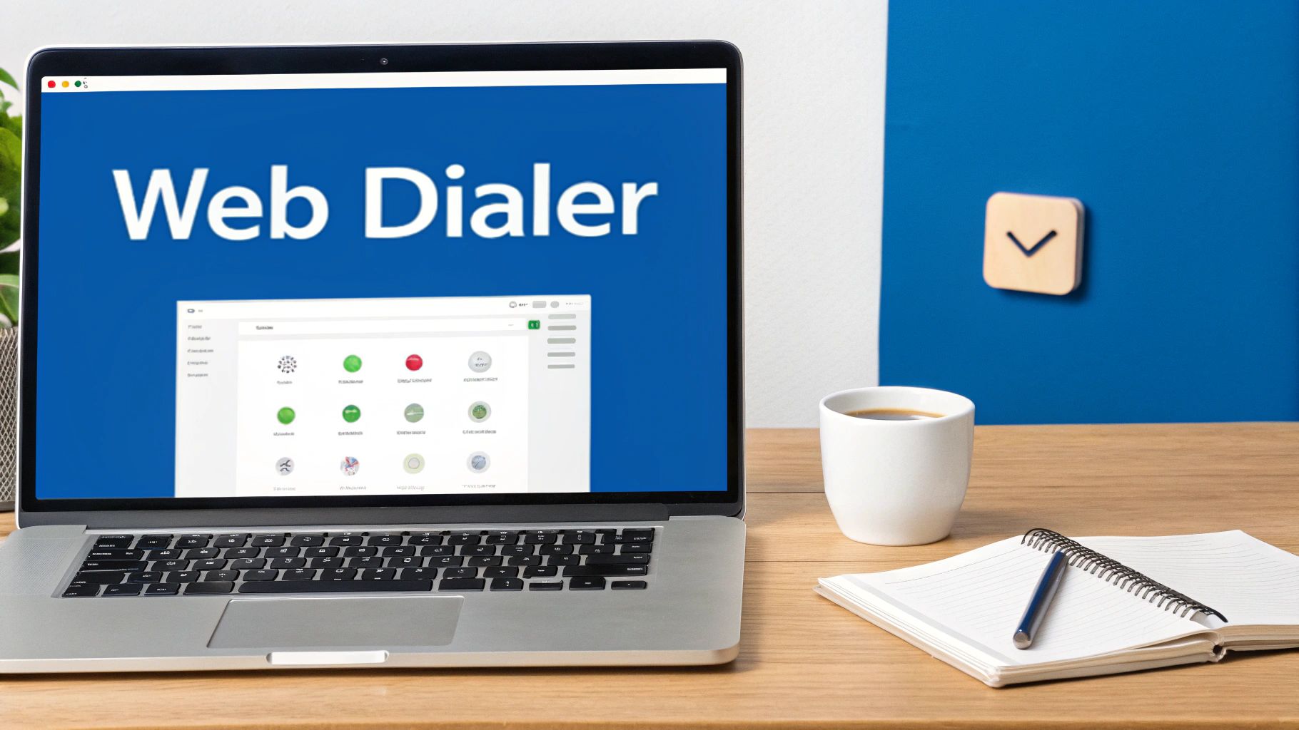 Ein Laptop zeigt 'Web Dialer' auf dem Bildschirm, daneben eine Kaffeetasse, ein Notizbuch und ein Stift auf einem Holztisch.