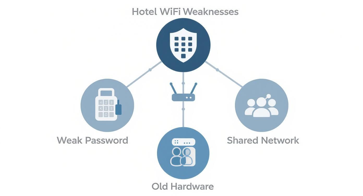 مخطط يوضح نقاط ضعف WiFi الفنادق، بما في ذلك كلمات المرور الضعيفة، الأجهزة القديمة، والشبكات المشتركة.