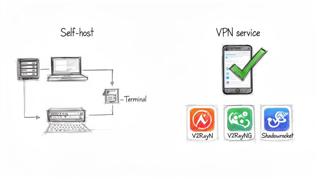 Diagram illustrating self-hosting with network devices and terminal, contrasted with VPN service apps like V2RayN, V2RayNG, and Shadowrocket on a smartphone.