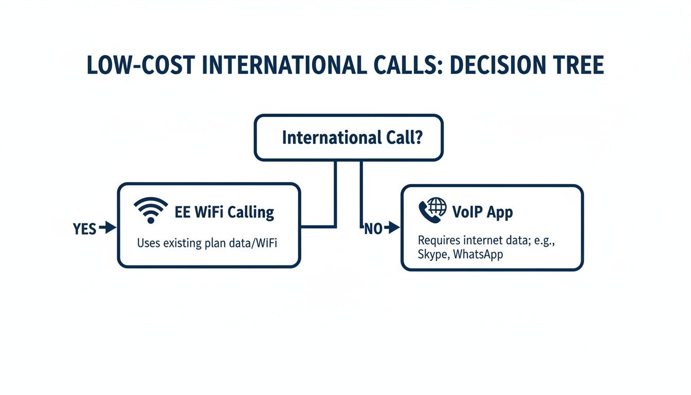 Decision tree outlining low-cost international call options: EE WiFi Calling or VoIP apps.