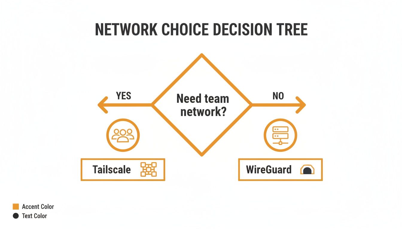 Decision tree guiding network choice: Tailscale for team networks, WireGuard for non-team needs.