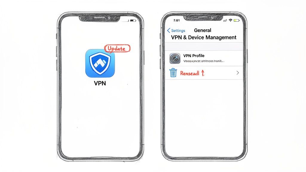 Sketches of two iPhones: one showing a VPN app update, the other VPN device management settings.