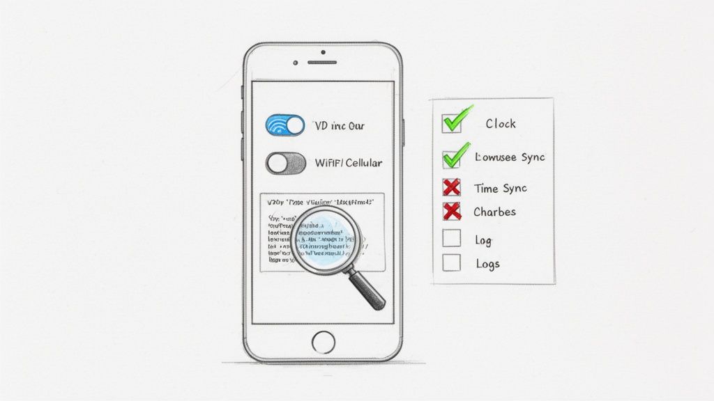 A hand-drawn iPhone displays settings with toggles and a separate checklist for features.