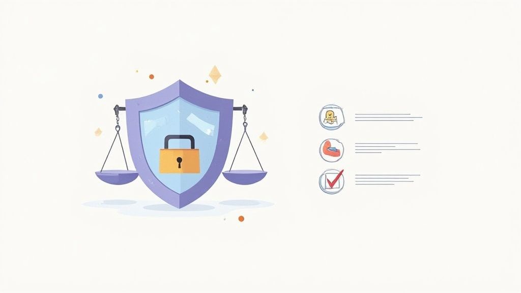 رسم توضيحي لدرع أمني مع قفل، وموازين العدالة، وقائمة ميزات مؤكدة.