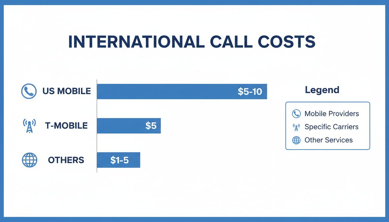 Bar chart displaying international call costs: US Mobile at $5-10, T-Mobile at $5, and Others at $1-5.
