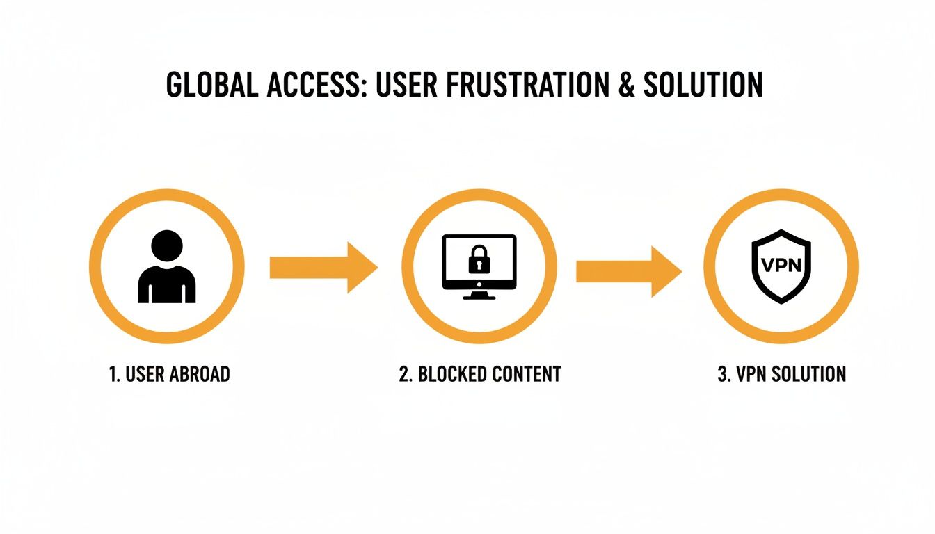 Diagram showing a user abroad encountering blocked content, which is then solved by a VPN.