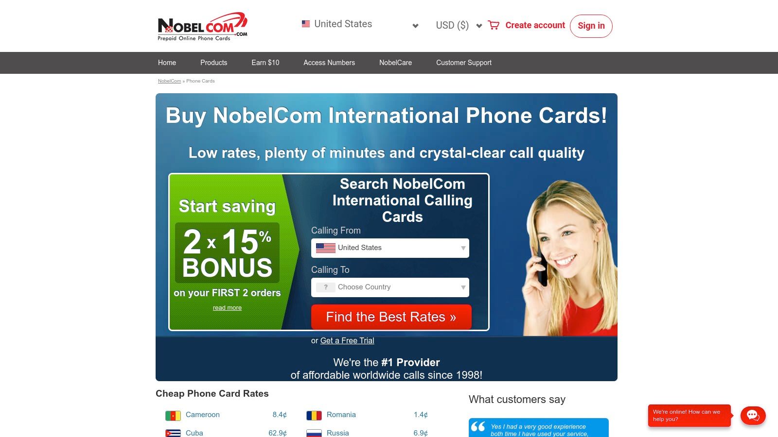 NobelCom‑Übersicht mit Telefonkartenoptionen und Preisen