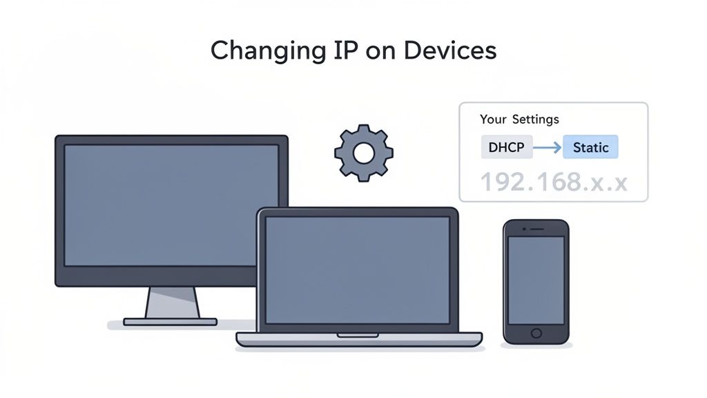 Illustration showing the process of changing IP settings from DHCP to Static on various devices.