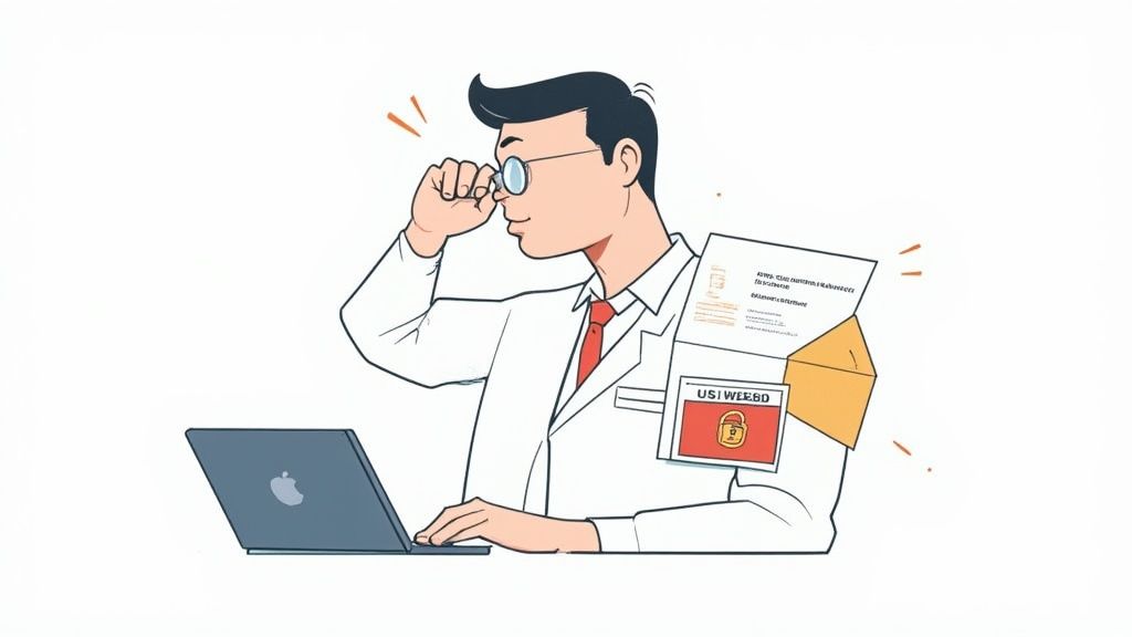 A cartoon man in glasses working on a laptop, examining an open envelope with a document and a security badge.