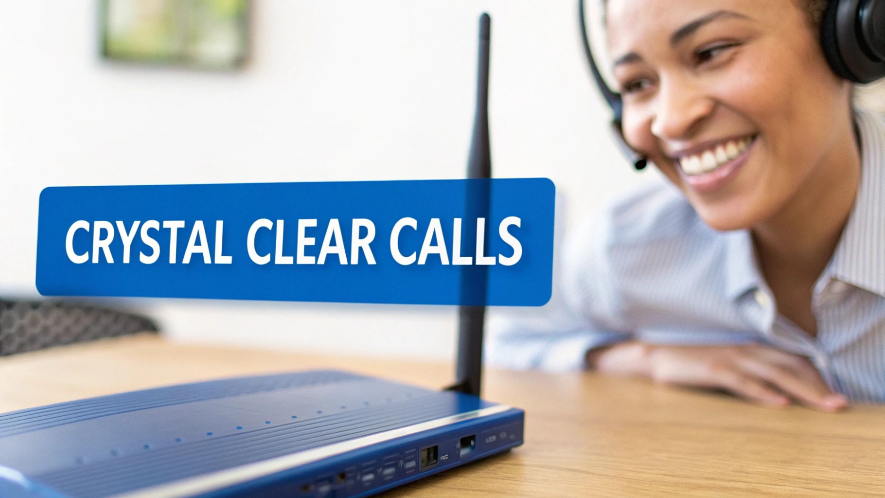 Eine lächelnde Frau mit Headset betrachtet einen blauen Internet-Router mit der Aufschrift 'CRYSTAL CLEAR CALLS'.