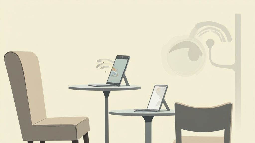 Minimalist illustration of two tables with a smartphone and laptop, showing wireless connectivity.