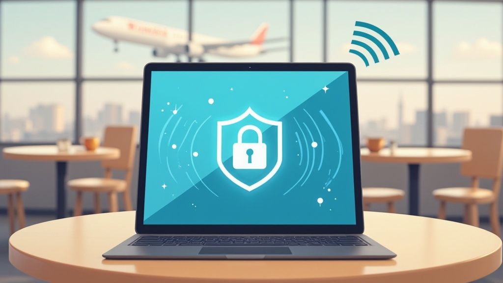 A person using an iPad in a cafe, demonstrating the need for a VPN on public Wi-Fi.