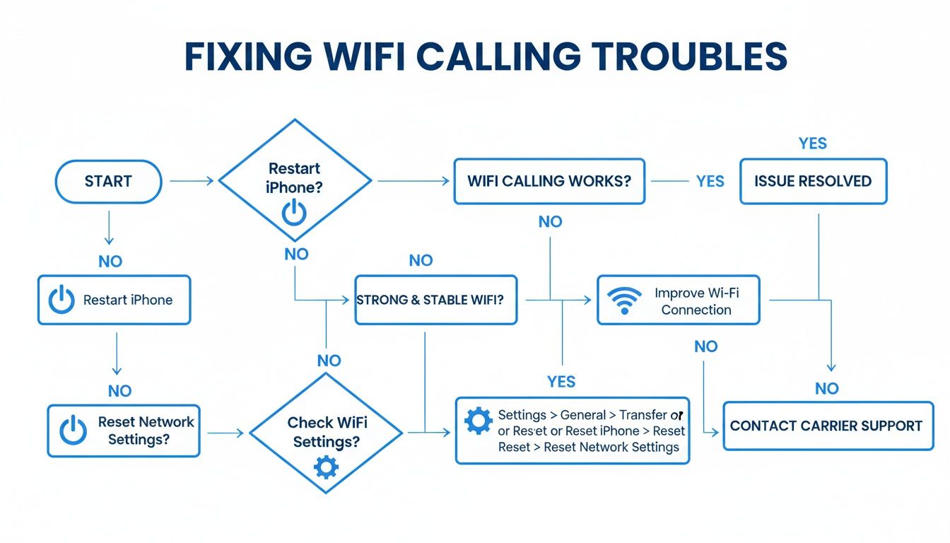 Flussdiagramm, das Benutzer durch Schritte zur Fehlerbehebung bei iPhone-WLAN-Anrufproblemen führt.