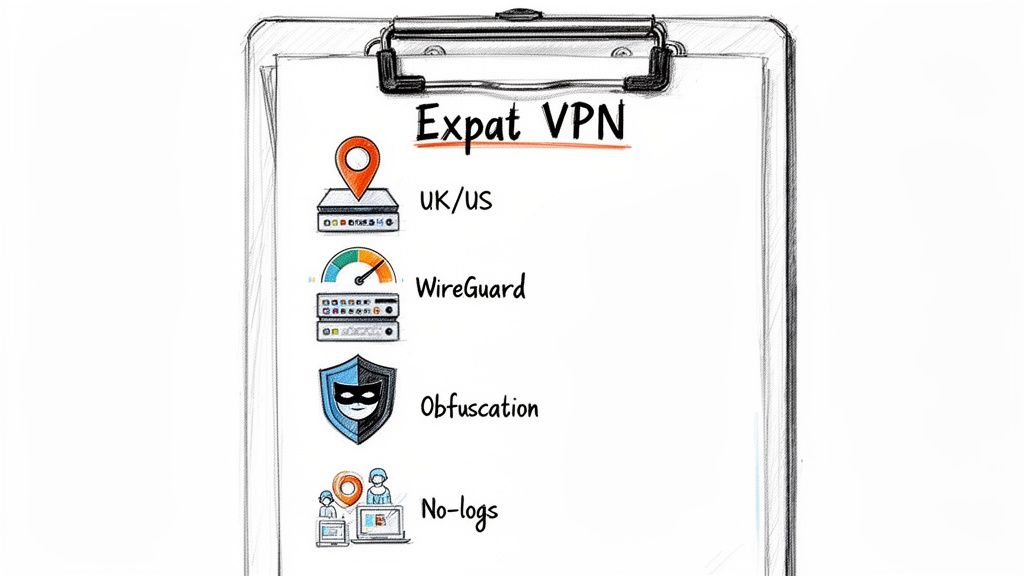 A clipboard lists Expat VPN features including UK/US servers, WireGuard protocol, obfuscation, and no-logs policy.