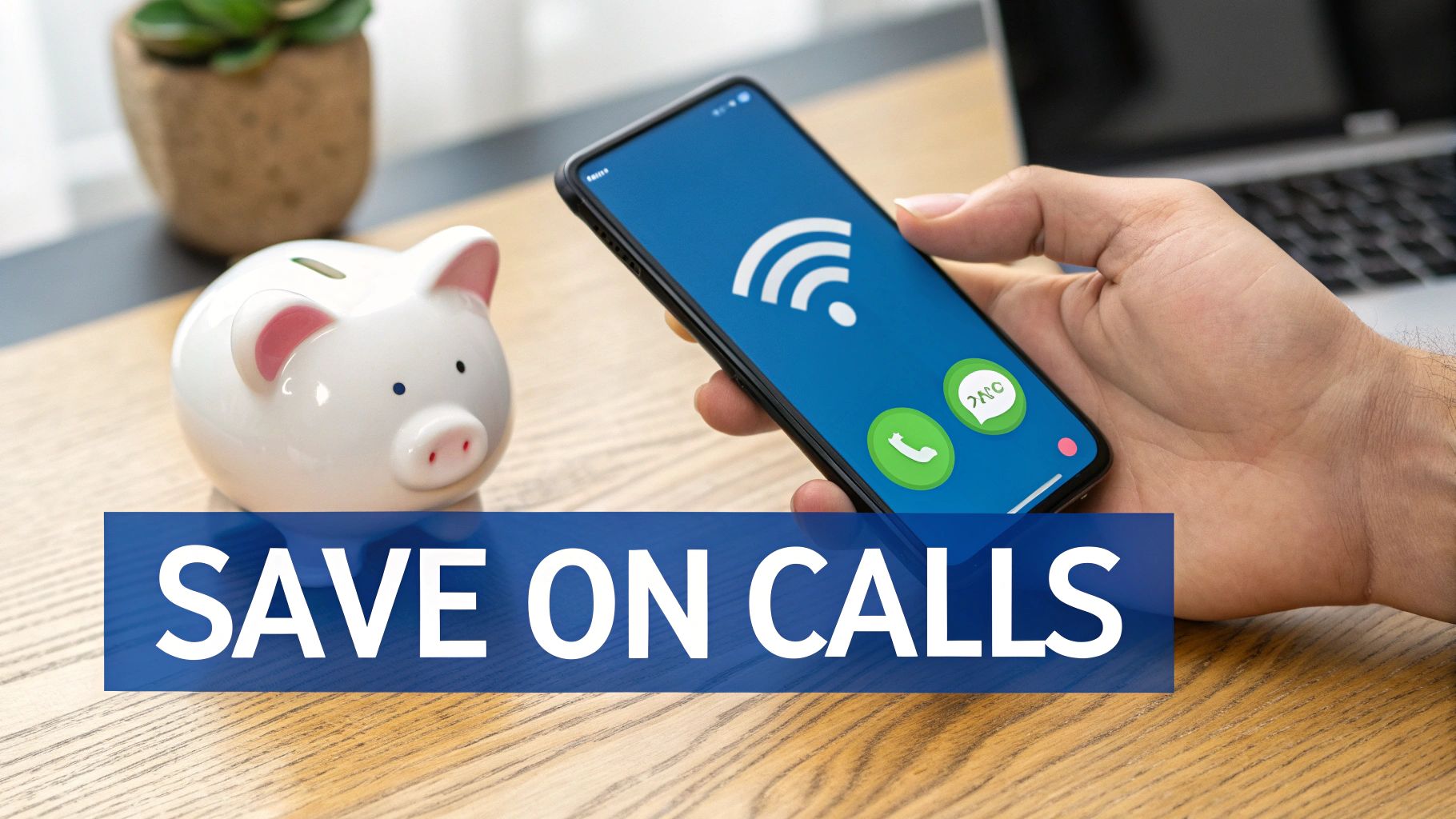A hand holds a smartphone displaying a Wi-Fi symbol and call icons, next to a piggy bank with 'SAVE ON CALLS' text.