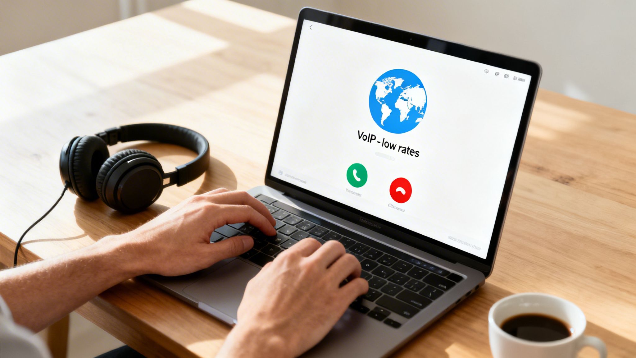 Person typing on a laptop with a VoIP call screen showing 'VoIP - low rates', next to headphones and coffee.