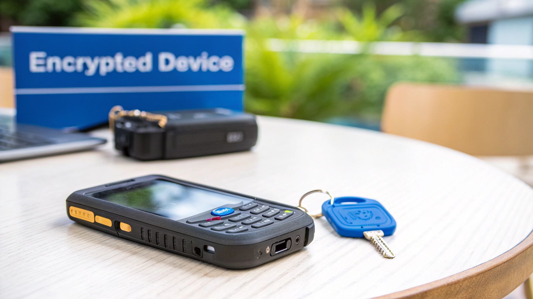 A rugged smartphone, a key, and a recording device on a table with an 'Encrypted Device' sign.