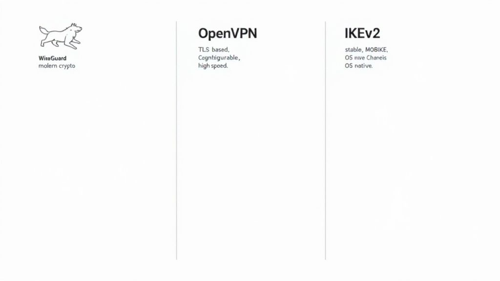 شريحة تقارن ثلاثة بروتوكولات VPN: WireGuard وOpenVPN وIKEv2، مع سرد ميزاتها الرئيسية.