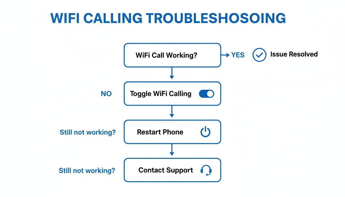 A flowchart detailing steps to troubleshoot WiFi calling problems, including toggling settings, restarting the phone, and contacting support.