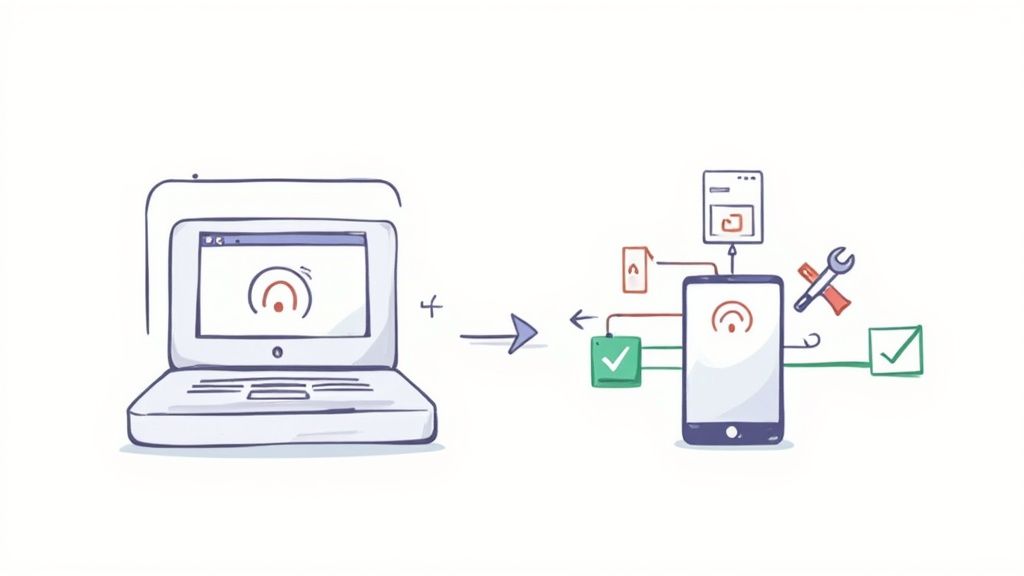 Hand-drawn illustration of a laptop interacting with a smartphone, showing connectivity, tools, and successful actions.