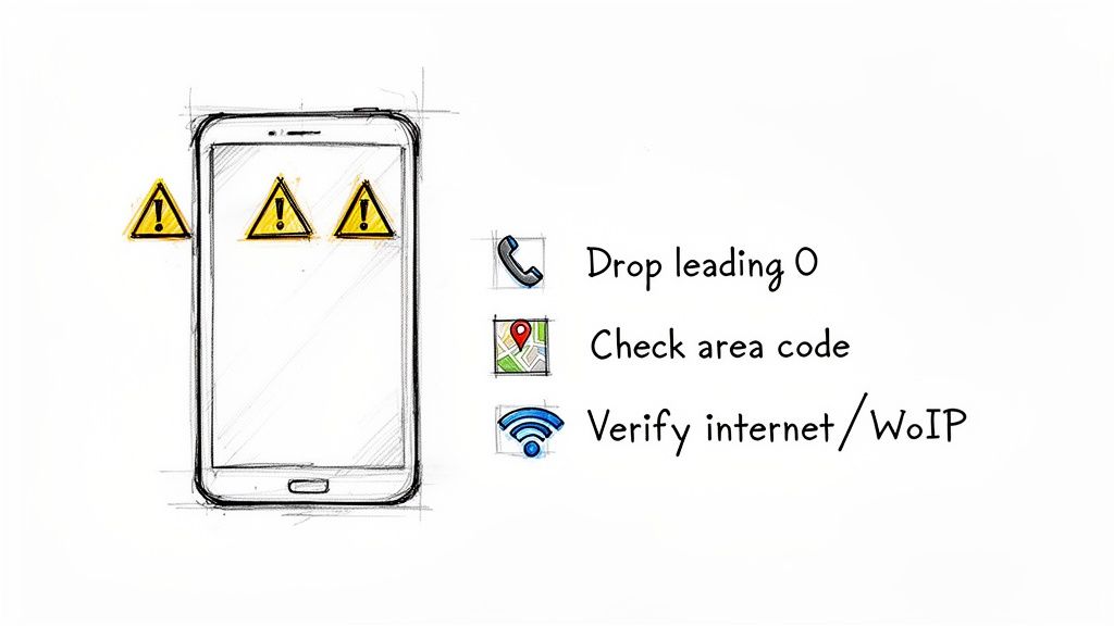 Smartphone mit Warnsymbolen und Schritten zur Fehlerbehebung bei internationalen Anrufen: führende 0 weglassen, Vorwahl prüfen, Internetverbindung verifizieren.