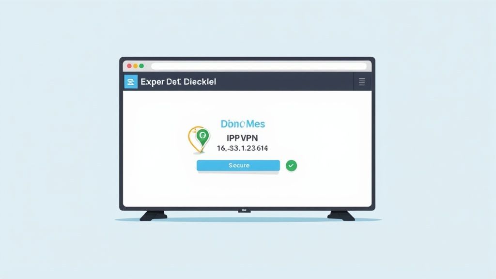شاشة كمبيوتر تعرض واجهة اتصال VPN مع مؤشر الحالة الآمنة ومعلومات عنوان IP
