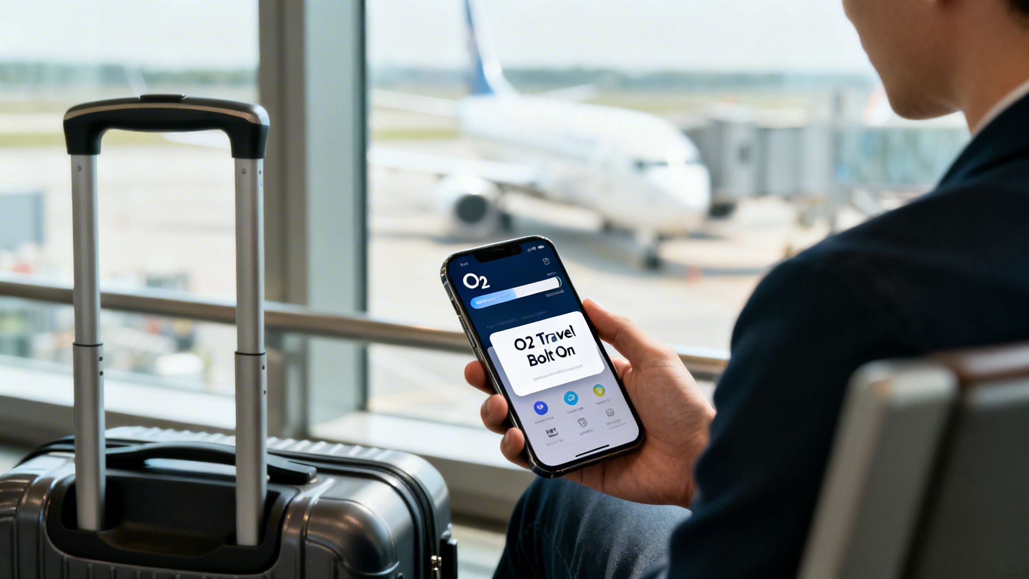 Person in an airport holding a smartphone displaying 'O2 Travel Bolt On' app, with a plane outside.