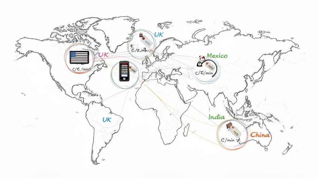 Global map showing international calling rates to countries like USA, UK, Mexico, India, and China.
