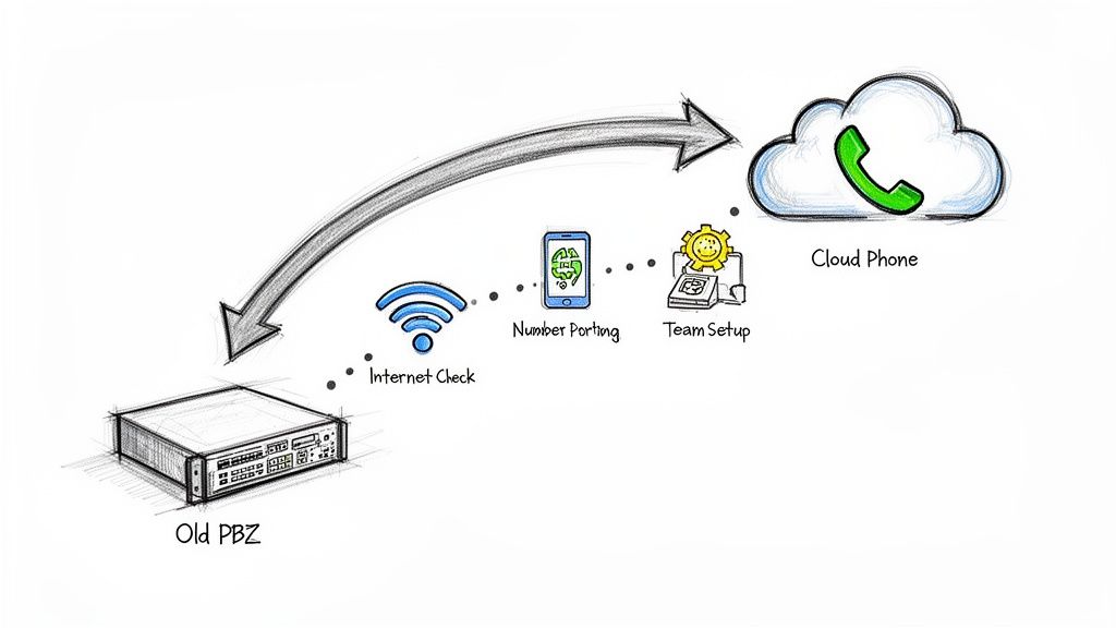 Diagram showing the upgrade from an old PBX to a cloud phone system with internet check, number porting, and team setup.