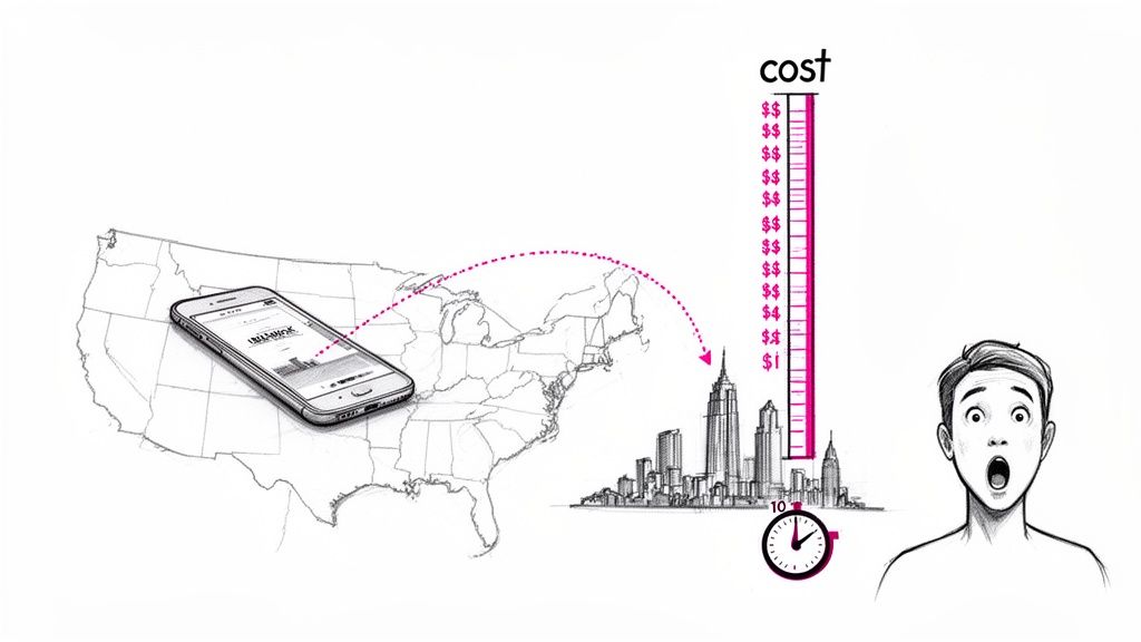 A smartphone on a USA map, an arrow pointing to a city with high costs, and a shocked person.